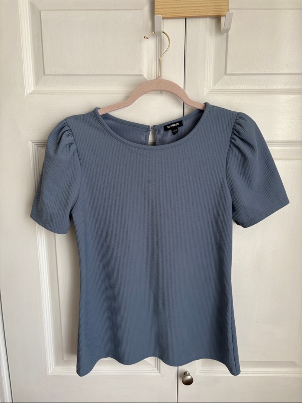 Express Ribbed Puff Sleeve Top - Slate Blue